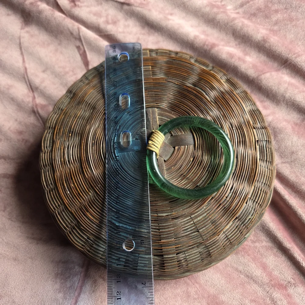 Vintage Chinese Wicker Sewing Basket with a Green Peking Glass Ring